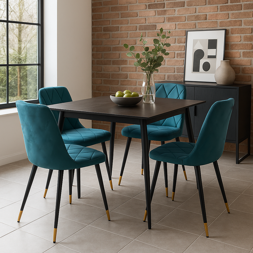 Set 4 Sedie in velluto con gambe in ferro nere e dettaglio oro – per sala da pranzo o sala d’attesa