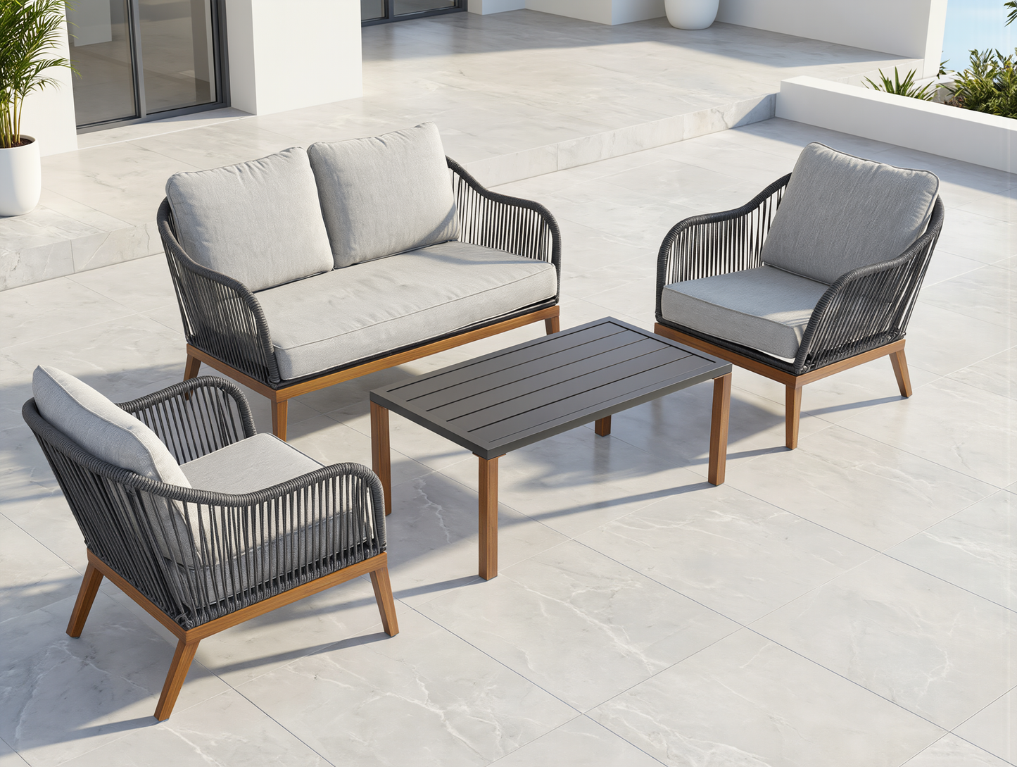 Set Lounge ZANZIBAR 4 Pezzi - Divano - Tavolino -2 Sedie con Cuscini
