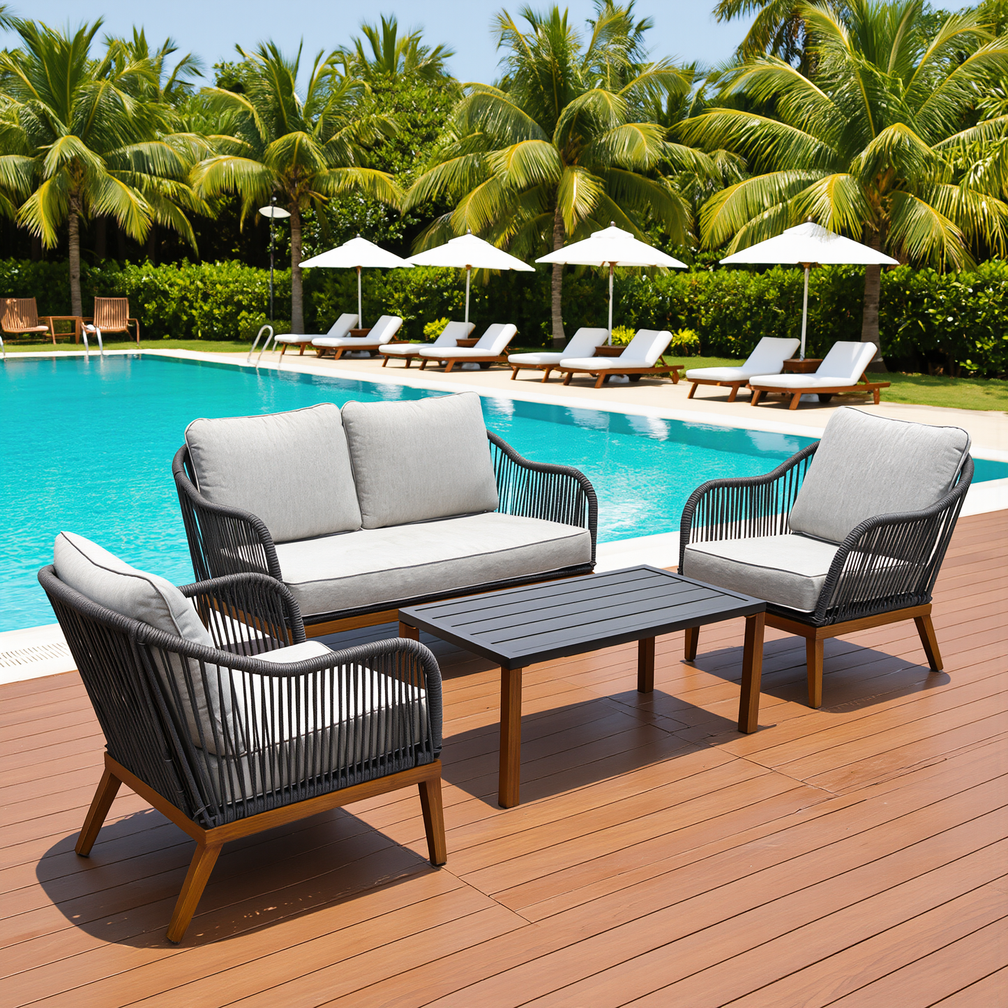 Set Lounge ZANZIBAR 4 Pezzi - Divano - Tavolino -2 Sedie con Cuscini