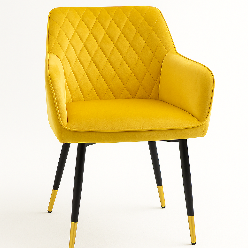 Coppia di poltroncine per sala da pranzo o sala d'attesa in velluto con gambe in ferro nere – dettaglio oro