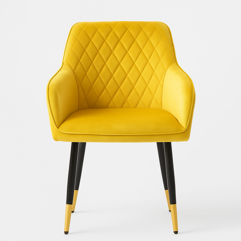 Coppia di poltroncine per sala da pranzo o sala d'attesa in velluto con gambe in ferro nere – dettaglio oro