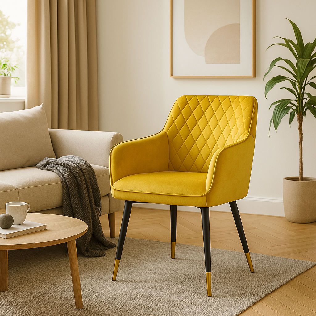 Coppia di poltroncine per sala da pranzo o sala d'attesa in velluto con gambe in ferro nere – dettaglio oro