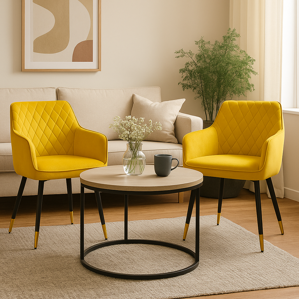 Coppia di poltroncine per sala da pranzo o sala d'attesa in velluto con gambe in ferro nere – dettaglio oro