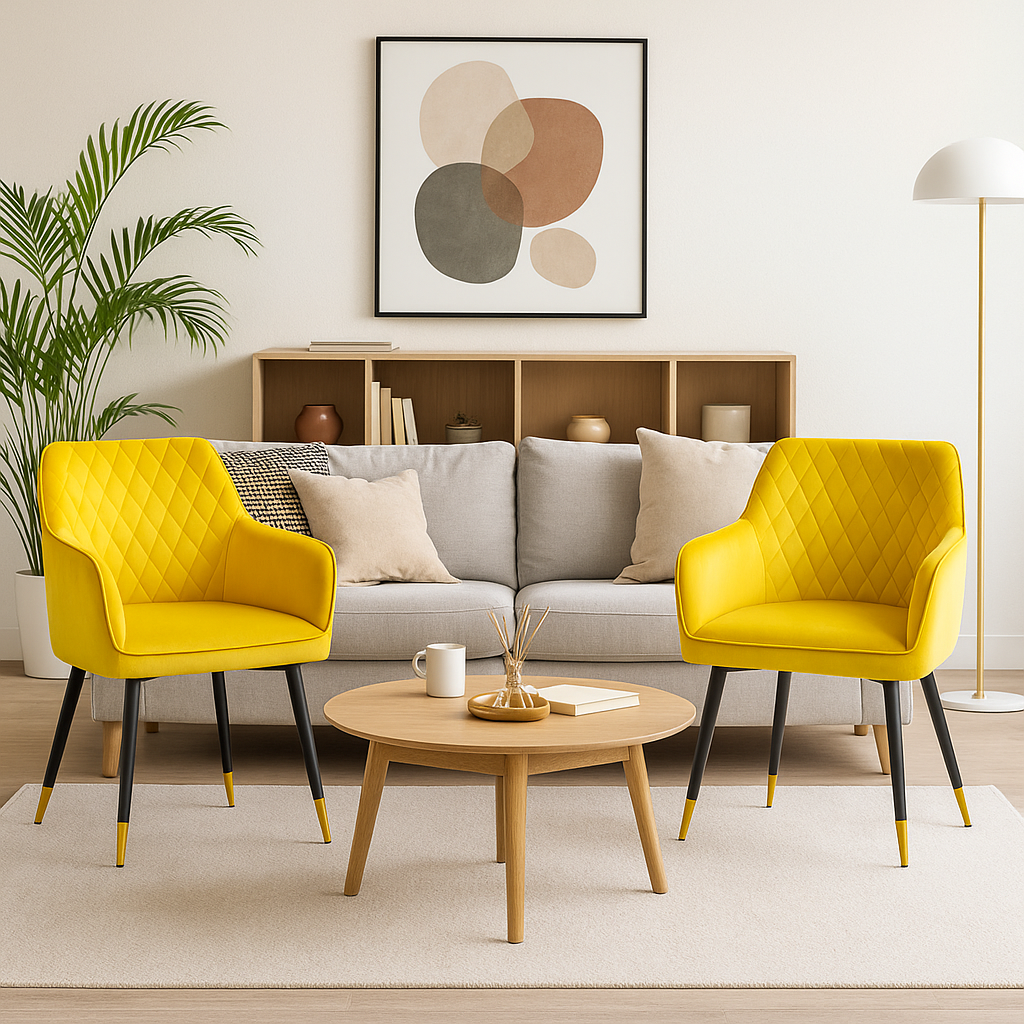 Coppia di poltroncine per sala da pranzo o sala d'attesa in velluto con gambe in ferro nere – dettaglio oro