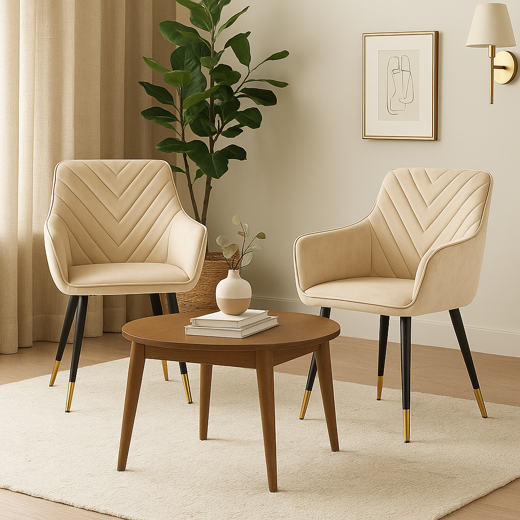 Coppia di poltroncine per sala da pranzo o sala d'attesa in velluto con gambe in ferro nere – dettaglio oro