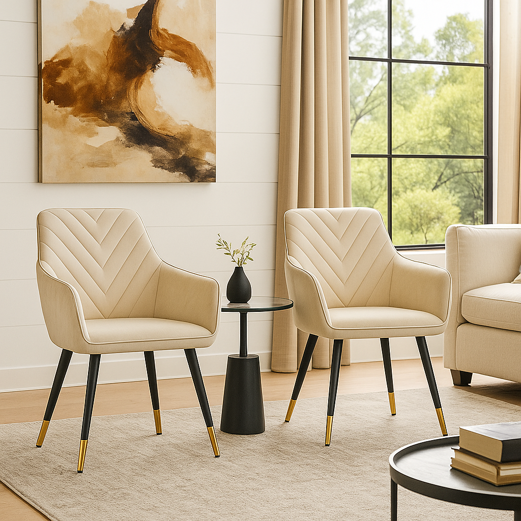 Coppia di poltroncine per sala da pranzo o sala d'attesa in velluto con gambe in ferro nere – dettaglio oro