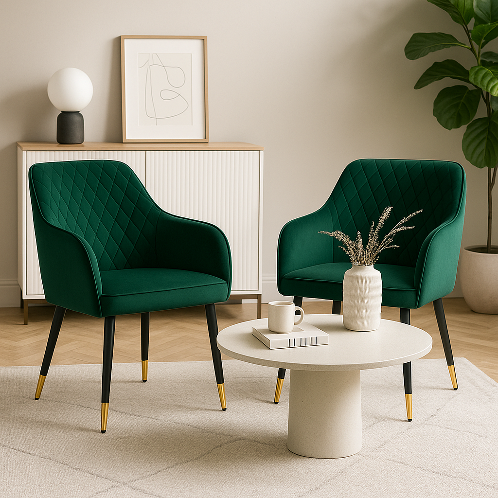 Coppia di poltroncine per sala da pranzo o sala d'attesa in velluto con gambe in ferro nere – dettaglio oro