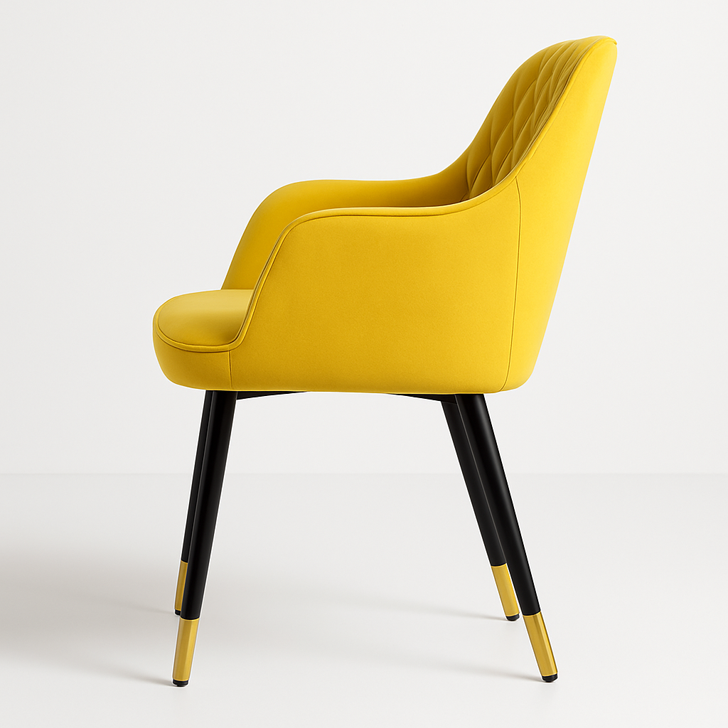 Coppia di poltroncine per sala da pranzo o sala d'attesa in velluto con gambe in ferro nere – dettaglio oro