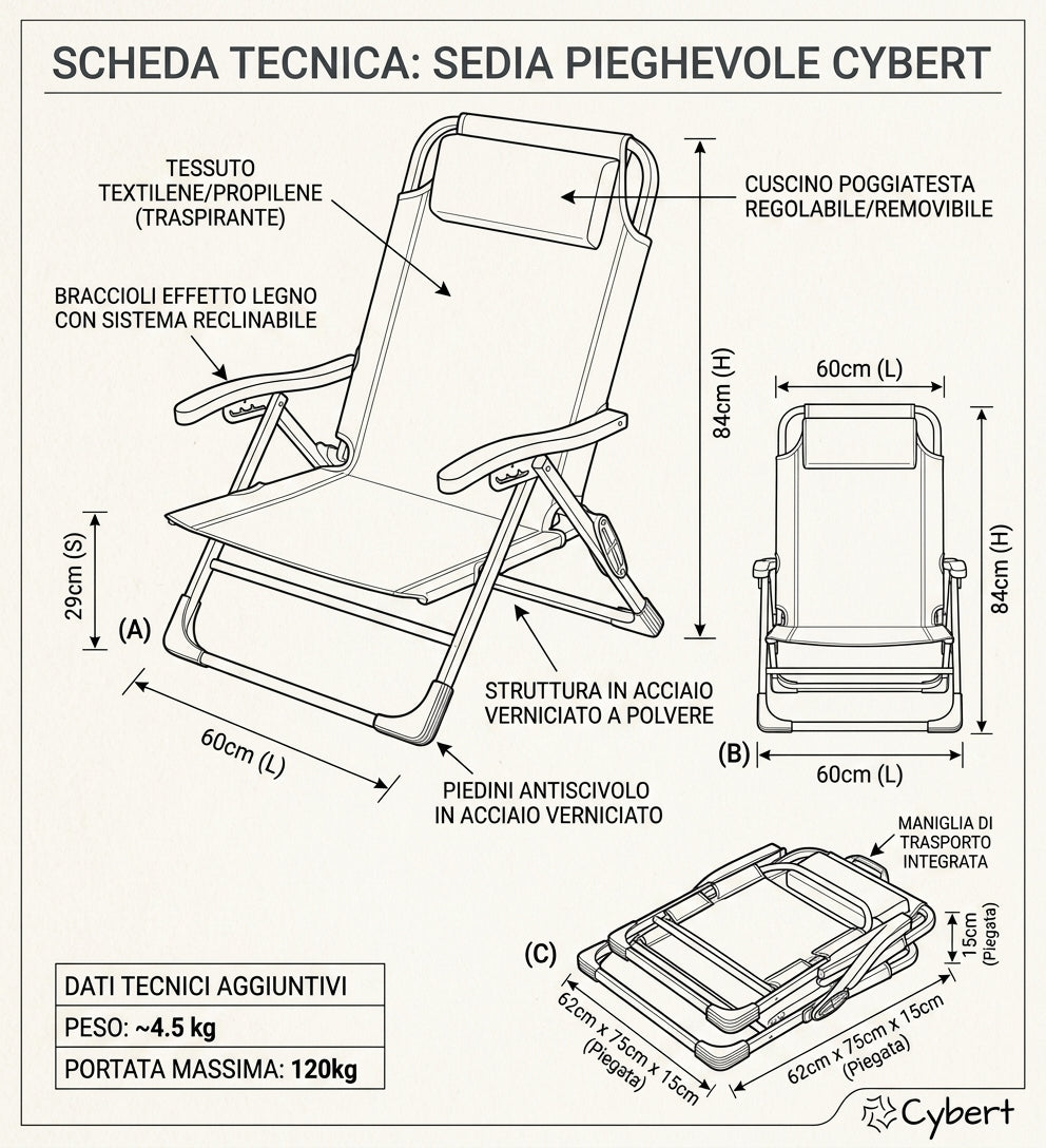 Sedia Pieghevole Reclinabile Cybert – Braccioli Effetto Legno – Textilene Traspirante – Poggiatesta Removibile – 60×84 cm – Portata 120 kg