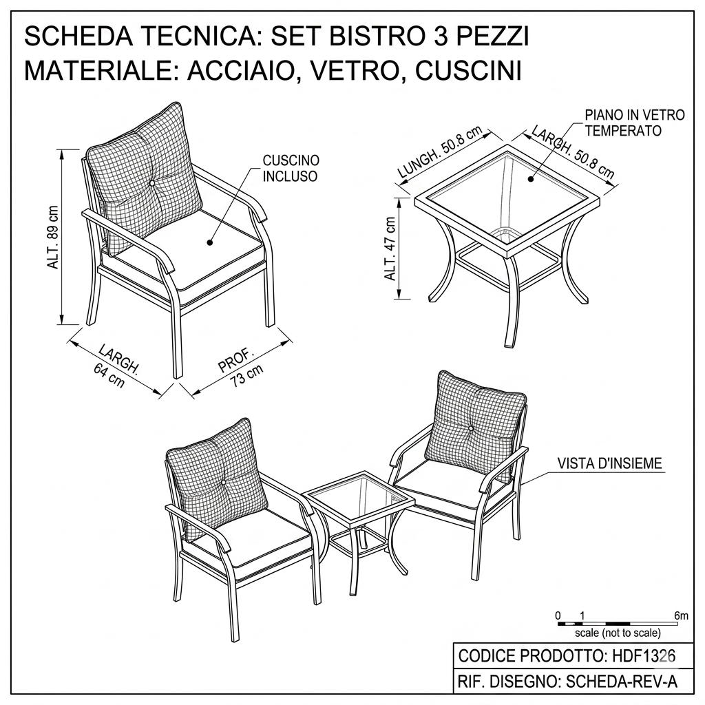Set Bistro BORA BORA 3 Pezzi tavolino e due sedie con Cuscini