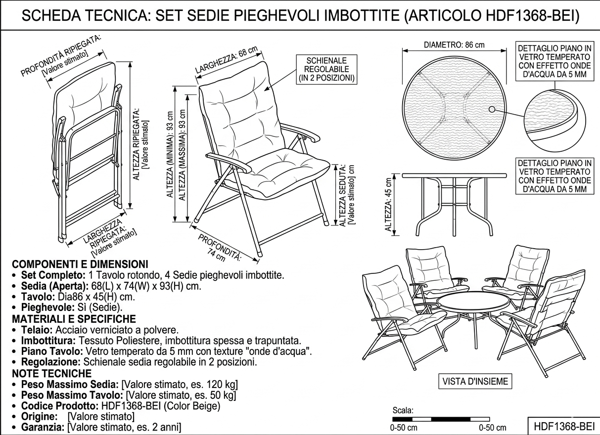 Set da giardino Relax SANTORINI  Pieghevole 5 Pezzi tavolino con 4 sedie con Cuscini
