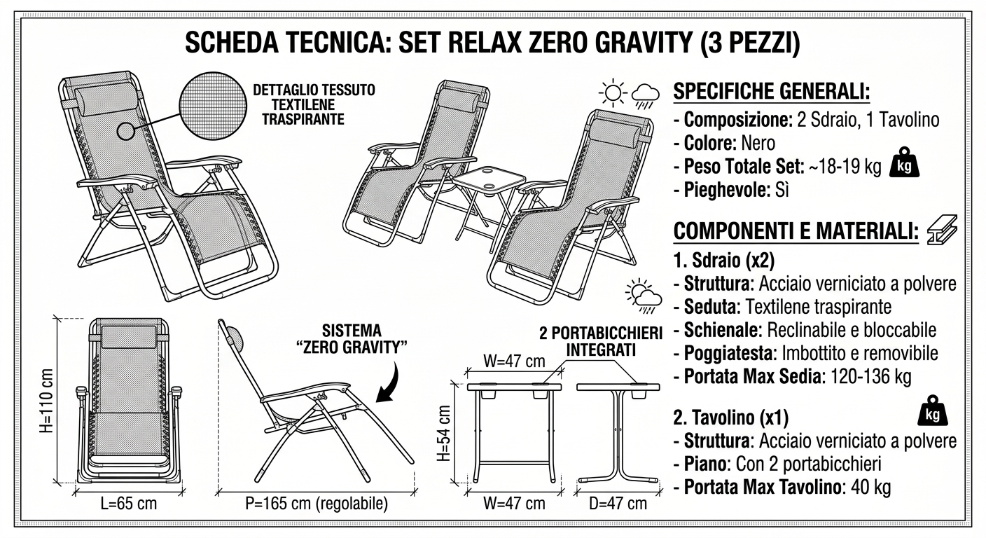 Set Relax Zero Gravity 3 Pezzi – 2 Sdraio Reclinabili + Tavolino Pieghevole con Portabicchieri
